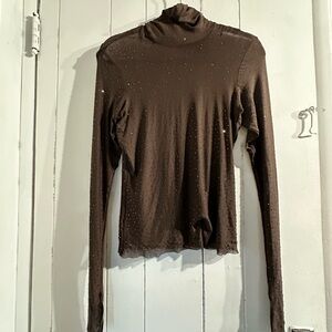 AFRM ANTHROPOLOGIE BROWN Long-Sleeve Turtleneck Top with FULL RHINESTONE